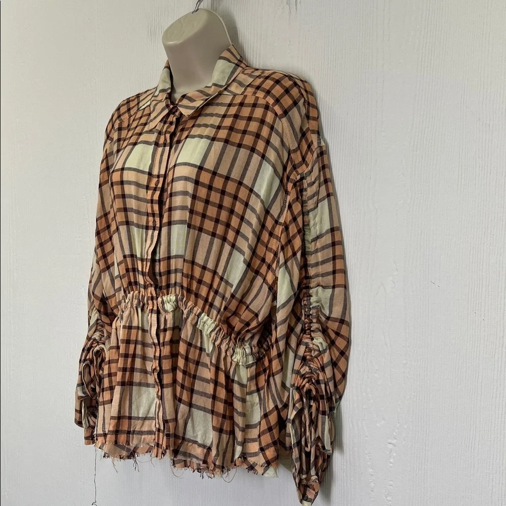 Free People - Pacific Dawn Peach And Cream Plaid Cinched Back Blouse Size Small